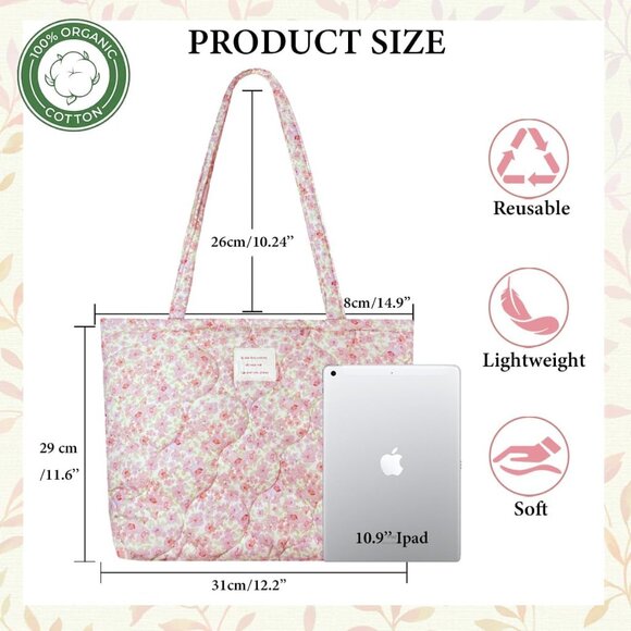 Women Floral Quilted Tote Bag Small Zipper Purse for Work Travel School - Picture 3 of 6